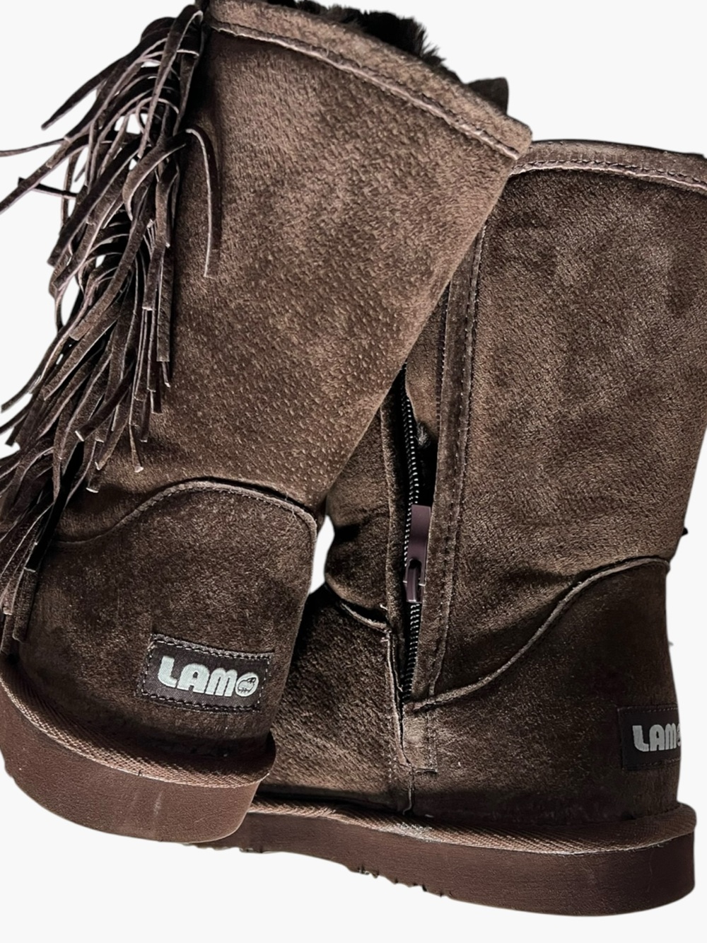 Lamo Sellas Brown Suede Fringe Ankle Boots with Faux Fur Lining โ Size 10